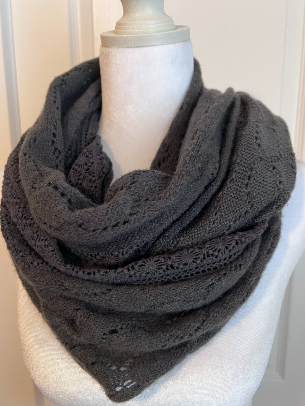 Vanity Dark Grey Knit Infinity Loop Scarf Textured Eyelet Detail